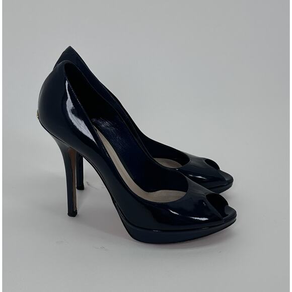 ⭐️ Christian Dior Miss Dior Open Toe Patent Leather Navy Heel Pump Shoes Sz 37 - Picture 1 of 8